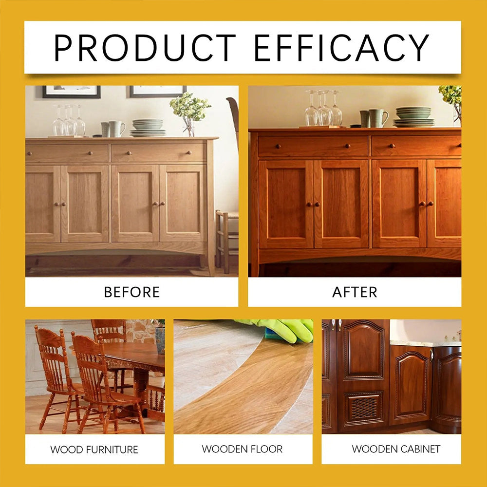 Product efficacy chart showing before and after wood restoration on cabinets and dining tables