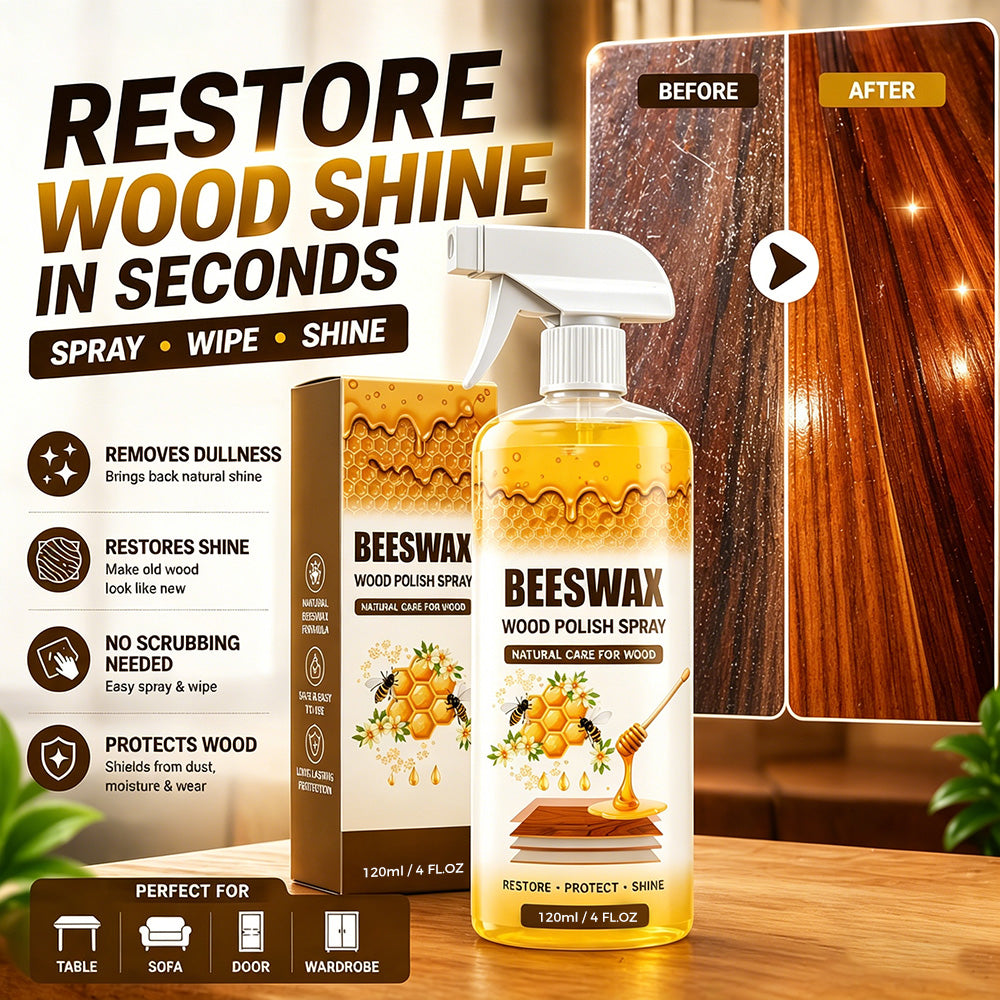 Natural beeswax wood polish spray bottle and box restoring shine to dull furniture before and after