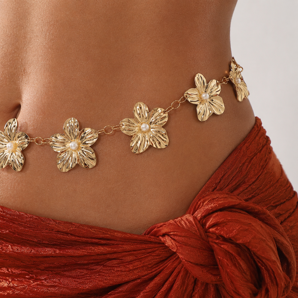 Gold Floral Waist Chain – Beach Vacation Body Jewelry for Women