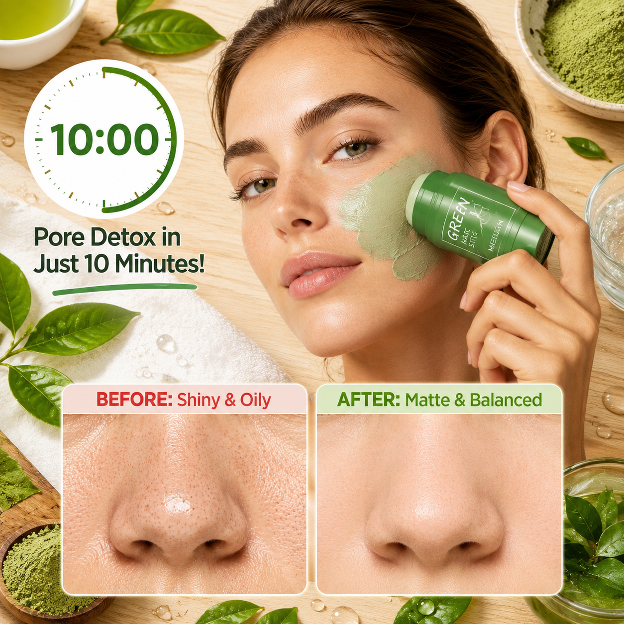 Clear Pores in 10 Minutes! The No-Mess Green Tea Stick for Flawless, Oil-Free Skin.