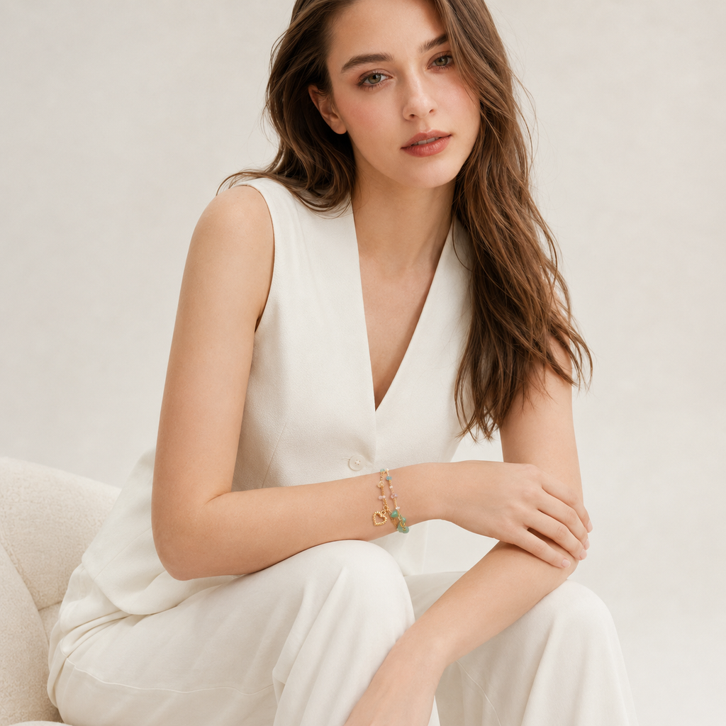 Elegant woman in a white suit wearing a romantic pastel stone layered charm bracelet