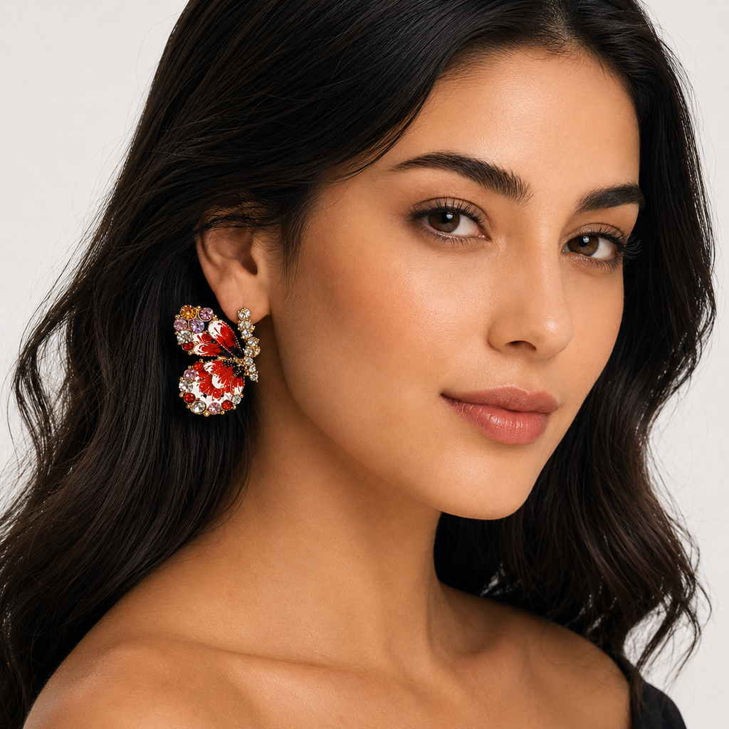 Red butterfly earrings front back and side detail view