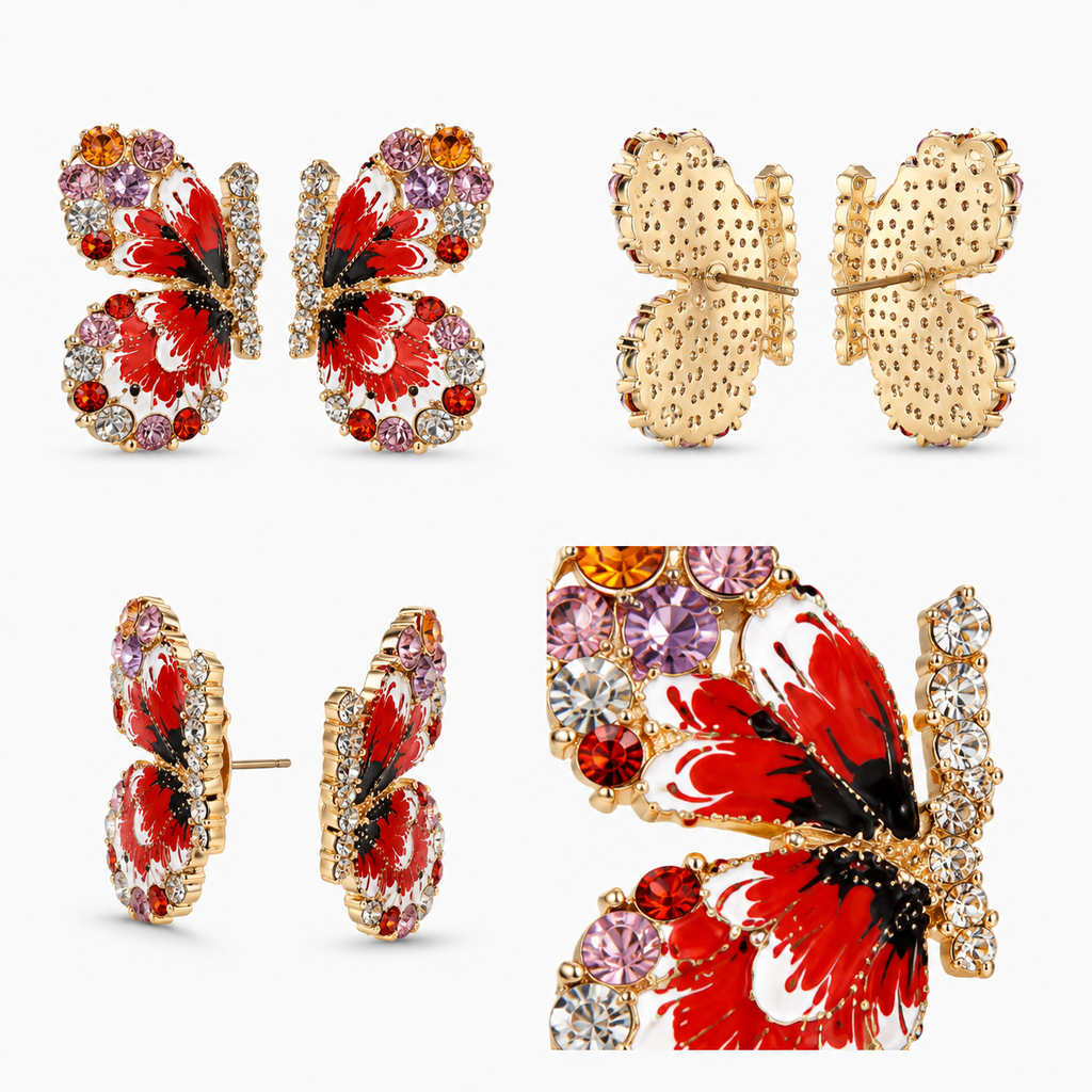 Woman styling colorful red butterfly earrings