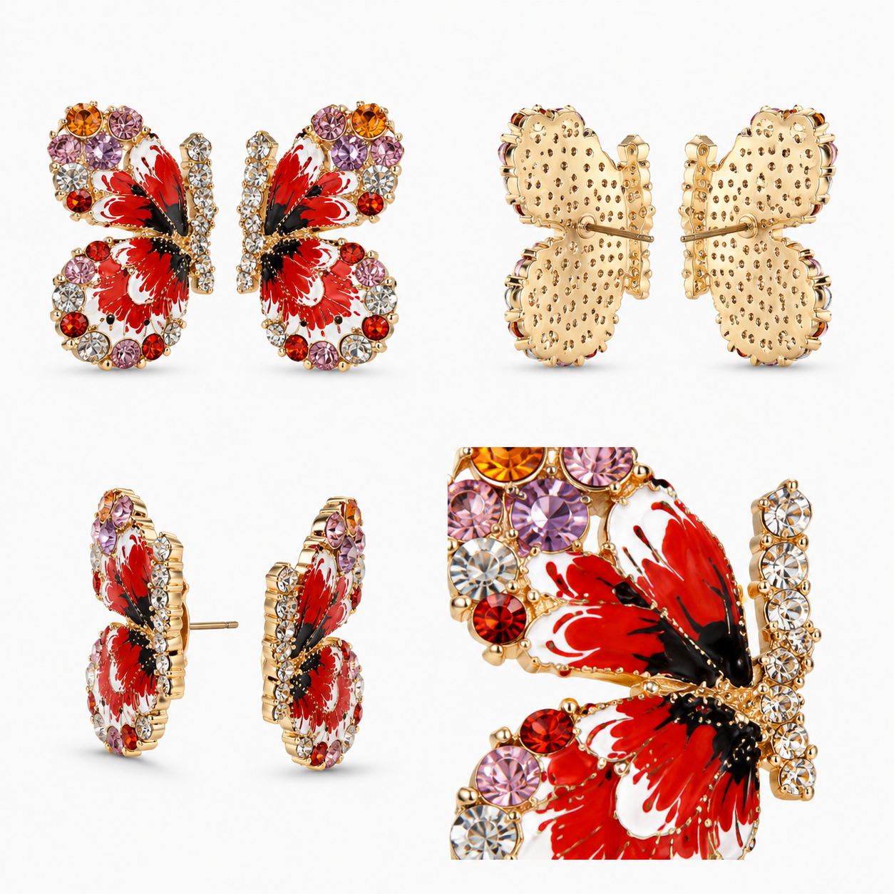 Woman styling colorful red butterfly earrings