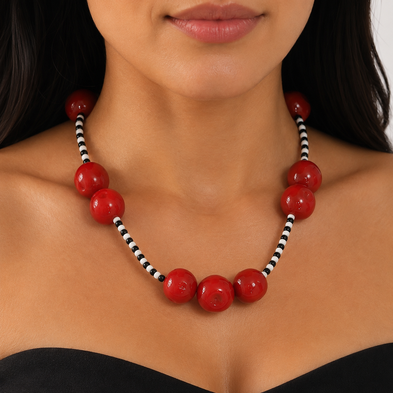 Red Beaded Statement Necklace – Bold Chunky Collar Jewelry