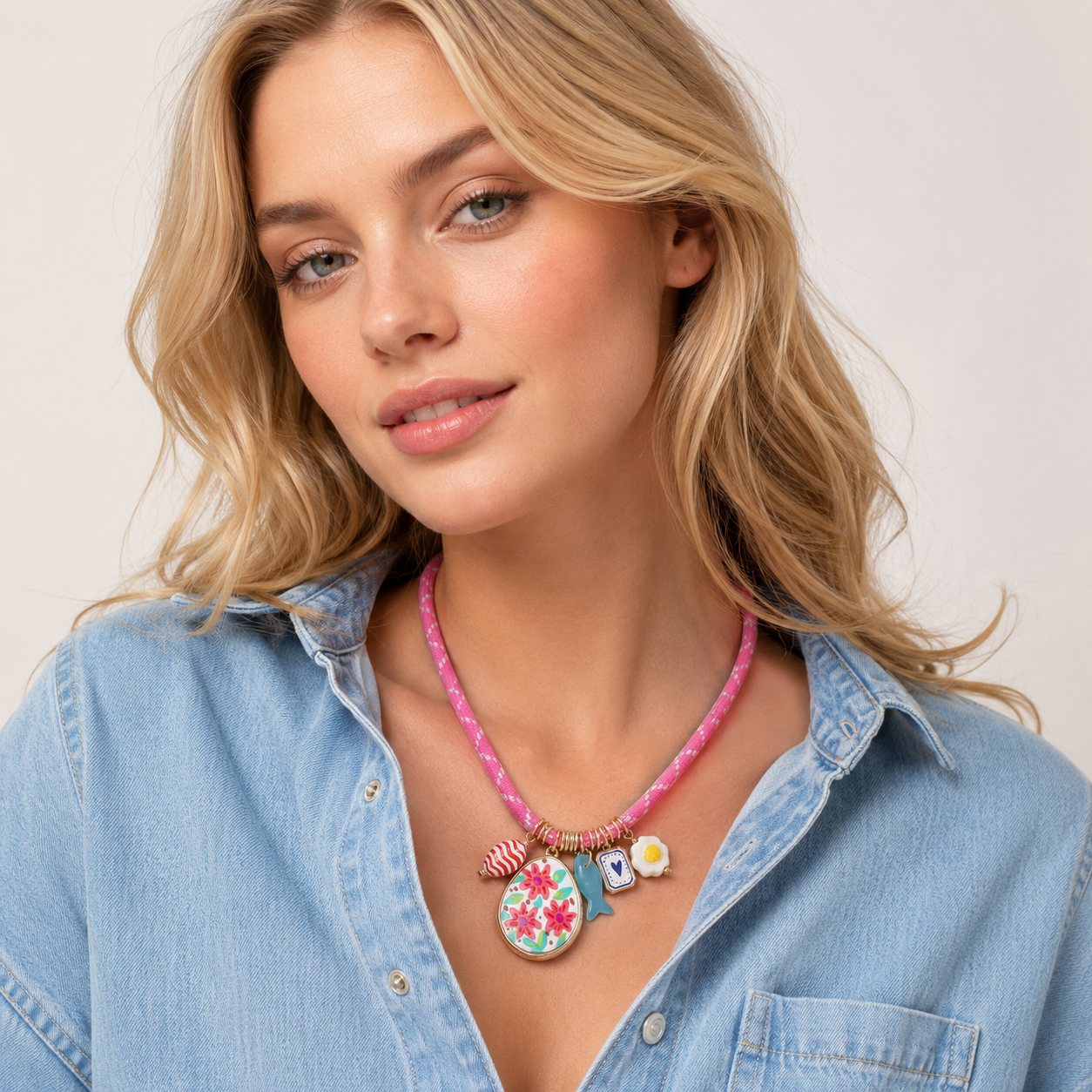 Woman_wearing_pink_floral_charm_necklace