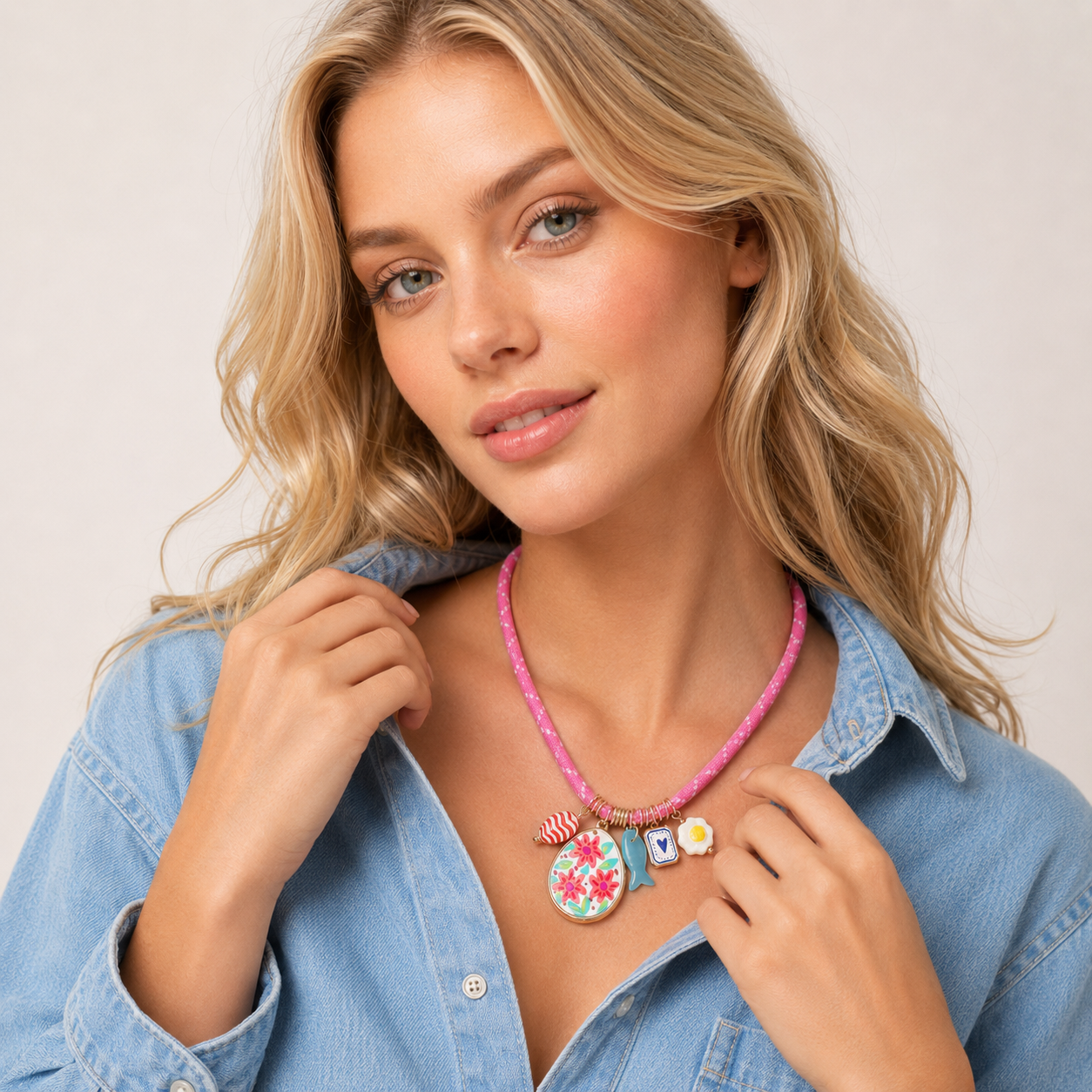 Model_wearing_colorful_pink_charm_necklace_with_denim_shirt