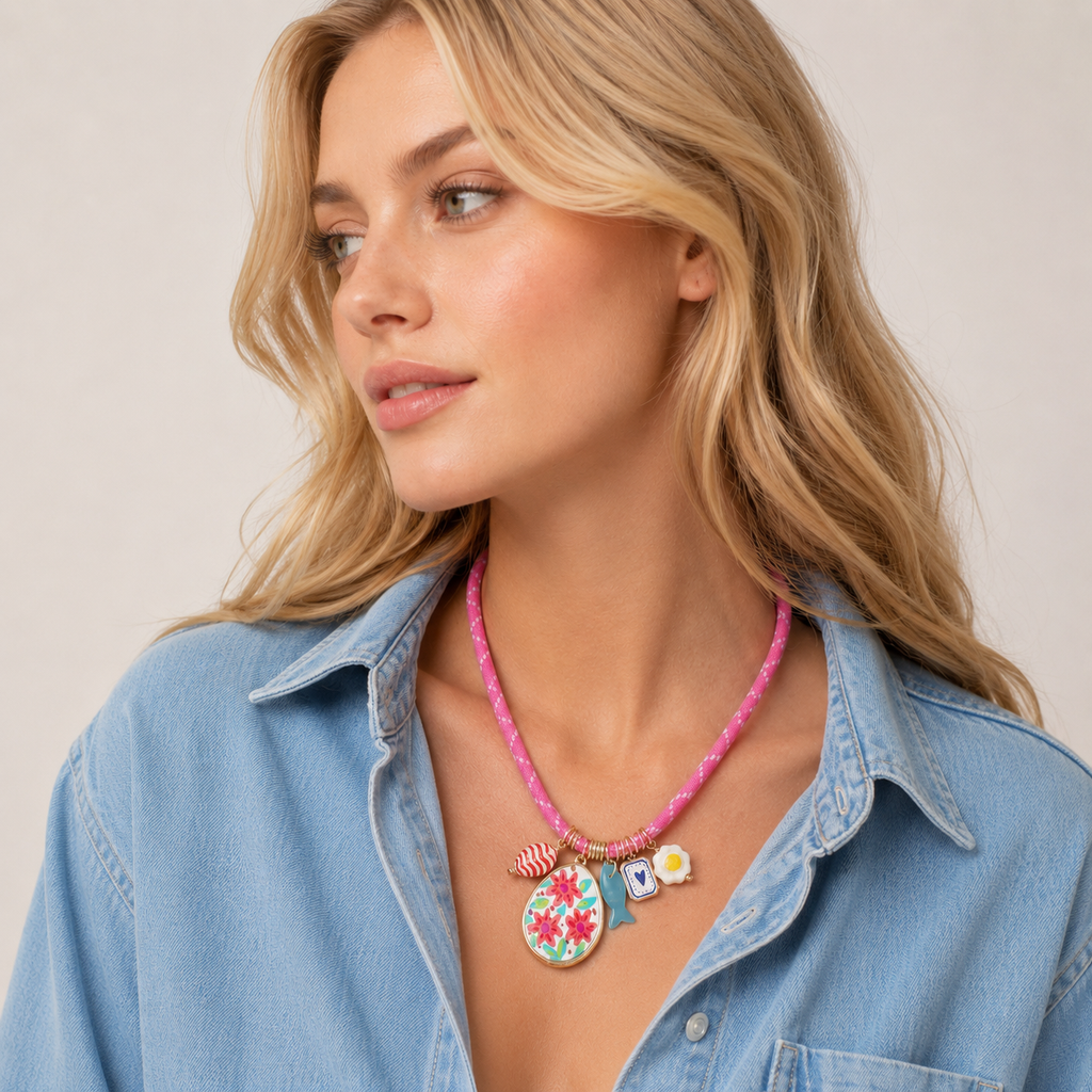 Woman_styling_pink_floral_charm_necklace