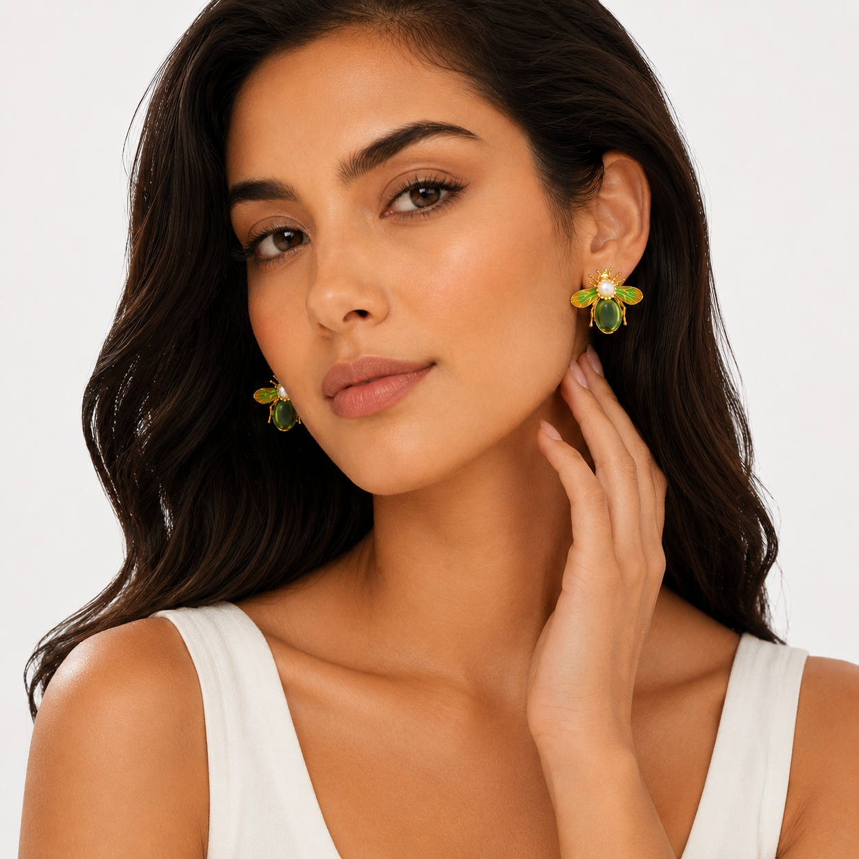 Green Bee Statement Earrings – Pearl Accent Insect Jewelry